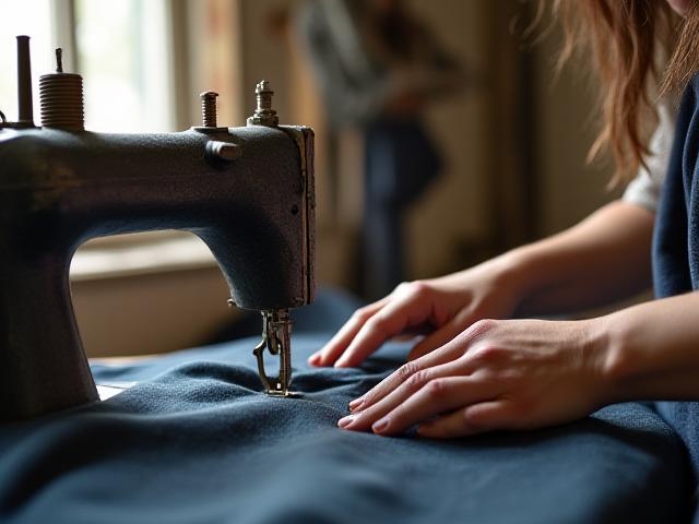 伝統的な工房でミシンを使う職人、丁寧な手仕事